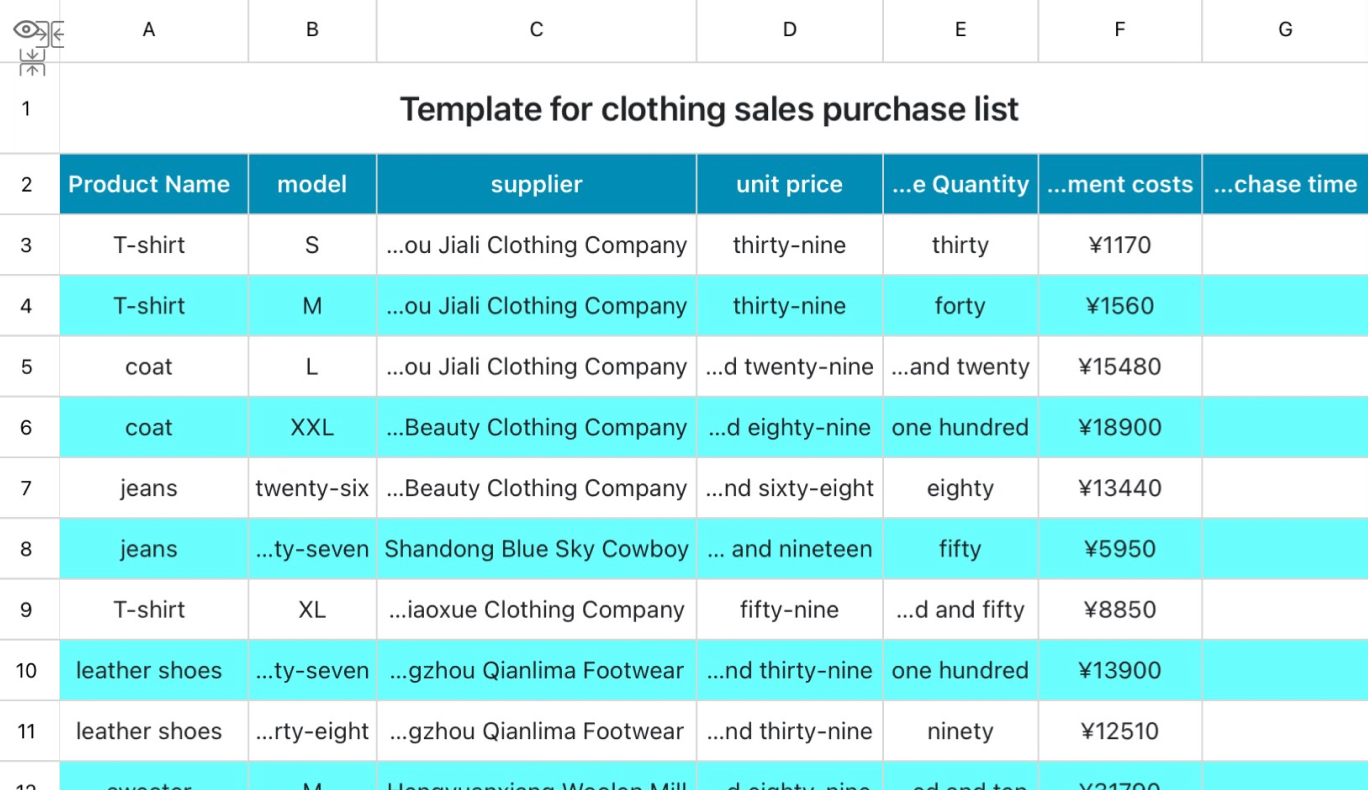 Template for clothing sales purchase list